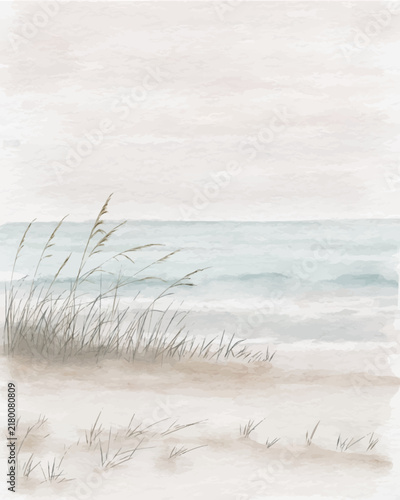 Pastel Watercolor Beach Landscape with Sand, Grass and Soft Ocean