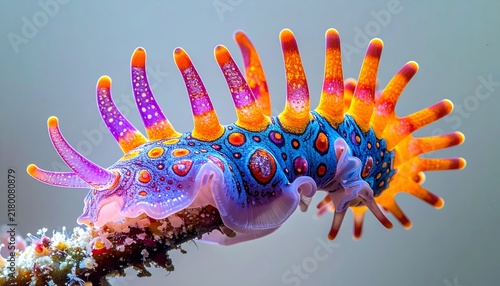Vibrant blue and orange nudibranch sea slug crawling on coral reef underwater