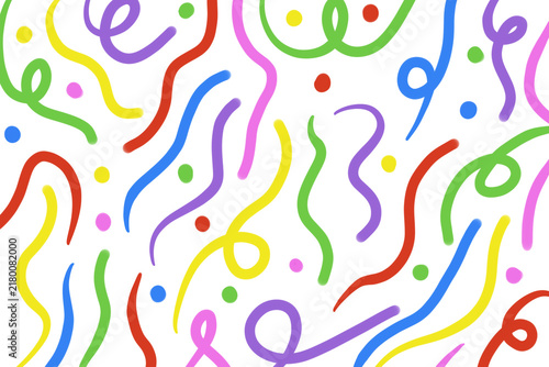 Colorful hand drawn squiggle lines and scattered dots in pink, yellow, green, blue, purple, and red, arranged as a playful abstract pattern on a transparent background.