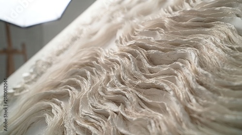 Close up of sculpted white gypsum art in studio setting with intricate textures and patterns