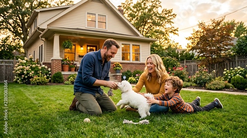 Happy family playing with puppy in suburban backyard at sunset