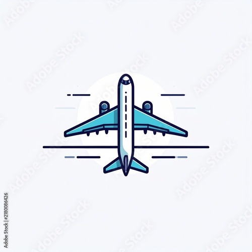 Vector illustration of a blue commercial airplane flying in top view with minimalist design elements