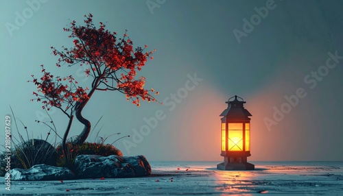 Zen bonsai tree with red foliage and glowing traditional lantern at dusk