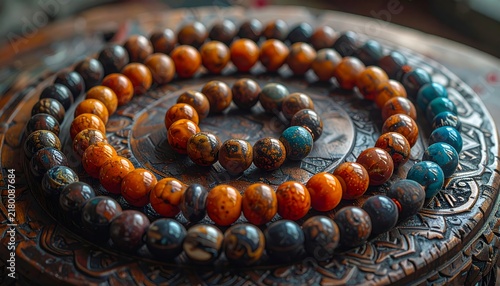 Natural Stone Bead Bracelet Spiral Arrangement on Carved Wood Base