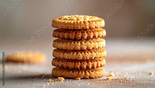 Delicious stack of golden shortbread cookies with crumbs on a rustic table