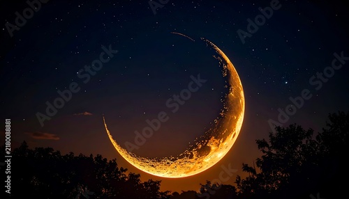 Giant golden crescent moon over dark tree silhouette in night sky