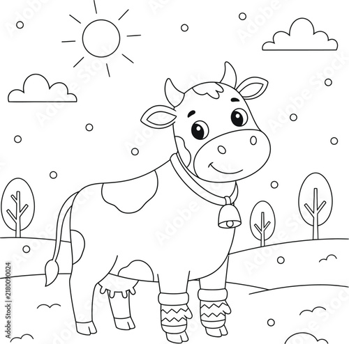 Cute Cartoon cow in Winter Landscape with Scarf and Leg Warmers, Snowy Countryside Animal Coloring Page for Kids