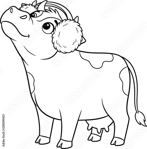 Cute Cow Wearing Fluffy Earmuffs, Black and White Farm Animal Coloring Page, Adorable Cartoon Cow Line Art Illustration for Kids and Printable Activity