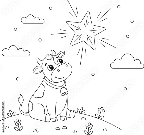 Cute Cow Looking at a Shining Star in the Sky, Black and White Farm Animal Coloring Page with Clouds, Flowers and Grass, Adorable Line Art for Kids