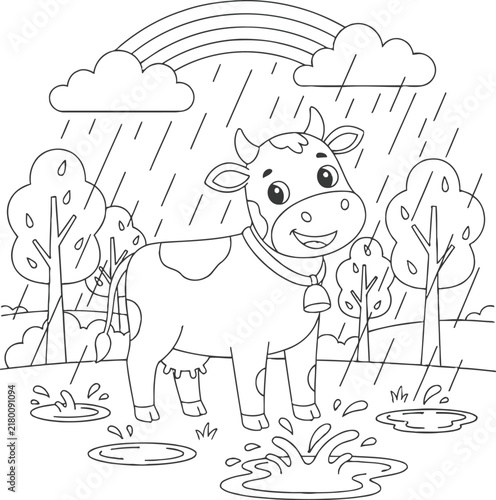 Cute Cow Standing in the Rain with a Rainbow, Black and White Farm Animal Coloring Page with Puddles, Clouds, Trees and Flowers, Printable Line Art