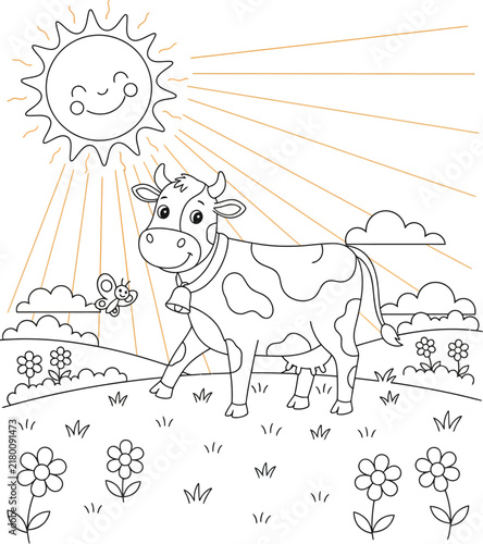 Cute Cow Standing in a Sunny Flower Meadow, Black and White Farm Animal Coloring Page with Smiling Sun, Flowers, Grass and Nature Scene Line Art