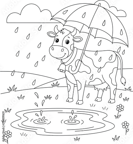Cute Cow Holding an Umbrella in the Rain, Black and White Farm Animal Coloring Page with Puddles, Clouds, Grass and Flowers, Printable Line Art for Kids