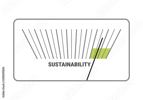 Sustainability concept: radial gauge with needle pointing to high level. Measurement of environmental responsibility, ecology, renewable energy, conservation, growth, achievement.