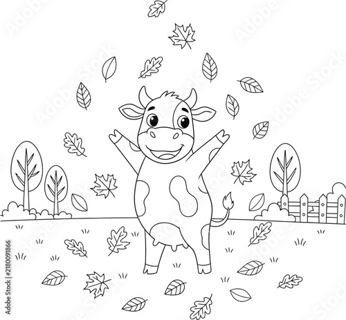 Cute Cow Playing with Falling Autumn Leaves in a Meadow, Black and White Farm Animal Coloring Page with Trees, Grass and Seasonal Nature Line Art