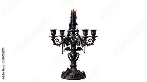 Gothic Halloween Candle Lantern with Black Melted Wax and Mini Skull Accents, Isolated PNG