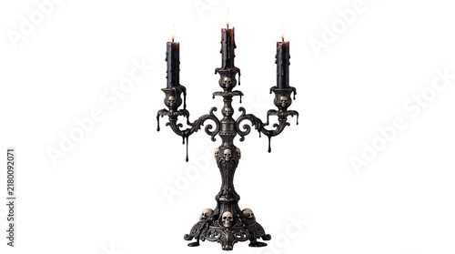 Gothic Halloween Candle Lantern with Black Melted Wax and Mini Skull Accents, Isolated PNG