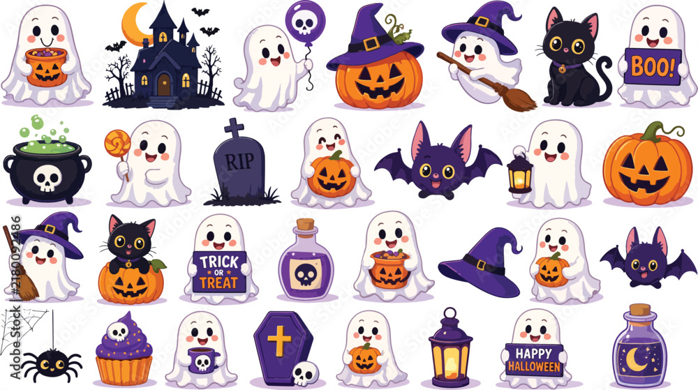 Fototapeta premium Collection of festive halloween cartoon stickers featuring ghosts and spooky characters black cat haunted house trick or treat halloween