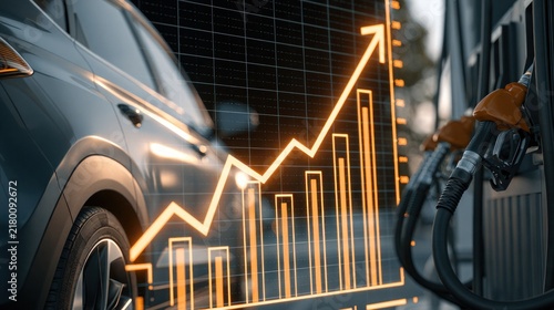 Rising fuel cost graph overlay on vehicle and pump