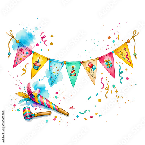 Colorful Birthday Banner and Party Horn Watercolor Celebration Decorations with Festive Confetti