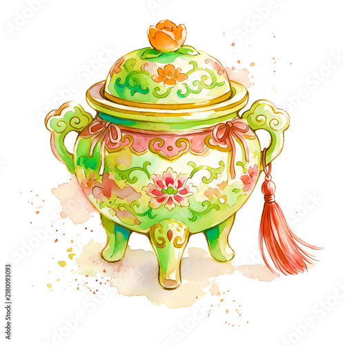 Traditional Chinese Decorative Incense Burner with Elegant Watercolor Oriental Ornament Details