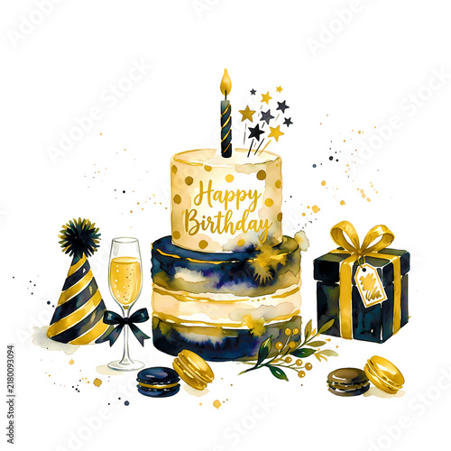 Elegant Black and Gold Birthday Celebration Decorations with Luxurious Watercolor Party Elements