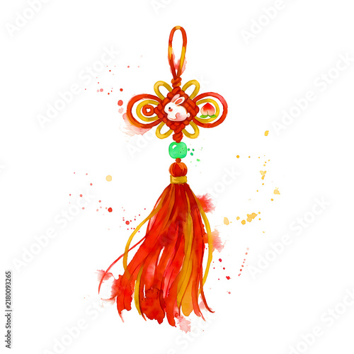 Elegant Chinese Decorative Tassel Ornament with Traditional Watercolor Oriental Cultural Details