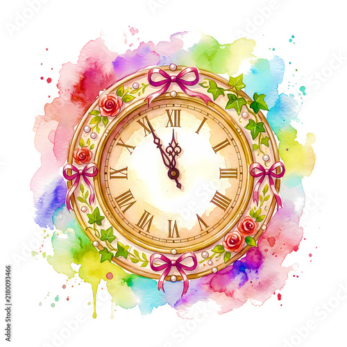 Elegant Midnight Countdown Clock Watercolor Illustration for New Year Celebration and Festive Designs