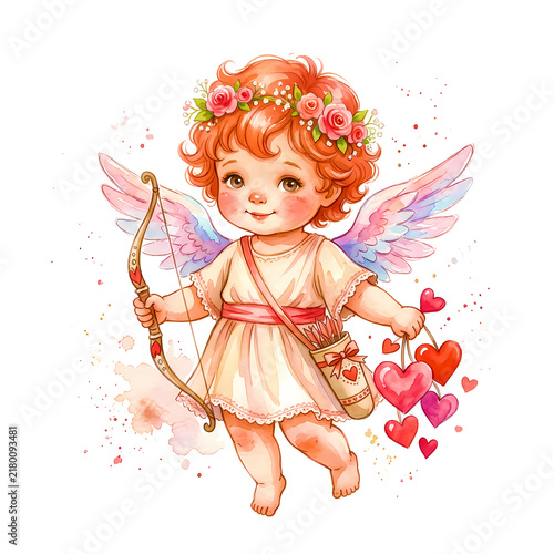 Cute Valentine Cupid Watercolor Character with Heart Bow and Romantic Festive Details