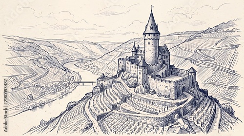 European castle on vineyard hill river valley sketch.