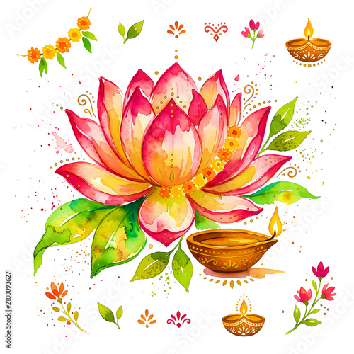 Elegant Diwali Lotus Flower Watercolor Illustration with Glowing Diyas and Festive Indian Decorations