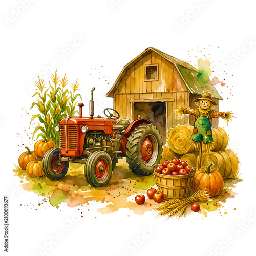 Rustic Farm Harvest Collection with Fresh Autumn Crops and Watercolor Countryside Details