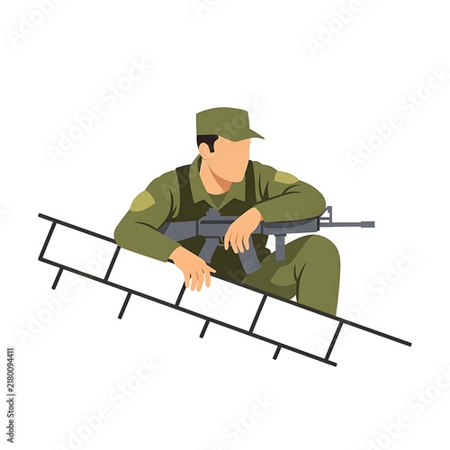 Soldier in Green Uniform with Rifle on Ladder Ready for Tactical Observation