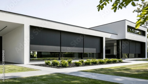 Contemporary minimalist house exterior with dark gray exterior shutters and landscaped garden