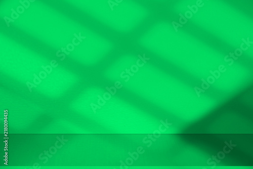 Wall interior background, studio and backdrops show products. with leaf shadow leaf from window color green and white. background for text insertion and presentation of product	
