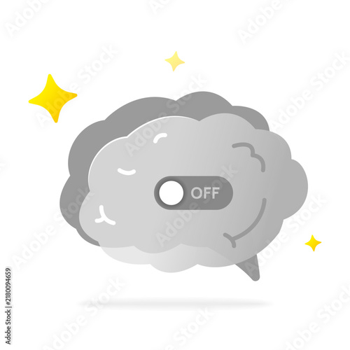 Brain sleep mode illustration with a dimmed brain and toggle switch turned off, representing mental rest, reduced brain activity, sleep, relaxation, recovery, and cognitive renewal