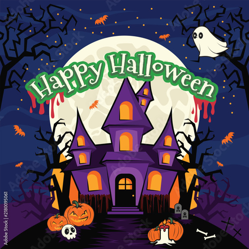 Happy Halloween Night Haunted House Illustration