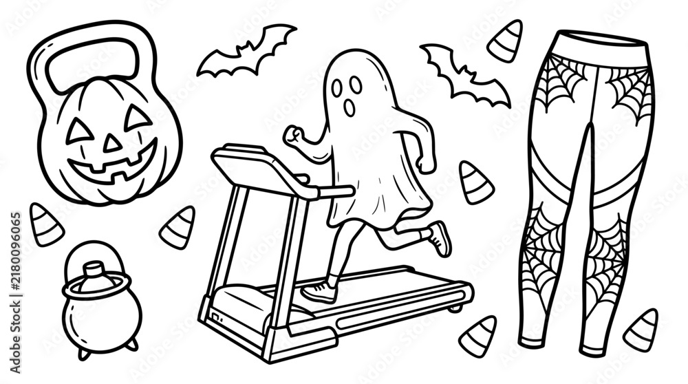 Fototapeta premium Halloween fitness vector illustration with ghost on treadmill, jack-o-lantern kettlebell, spiderweb leggings, candy corn, cauldron, bats