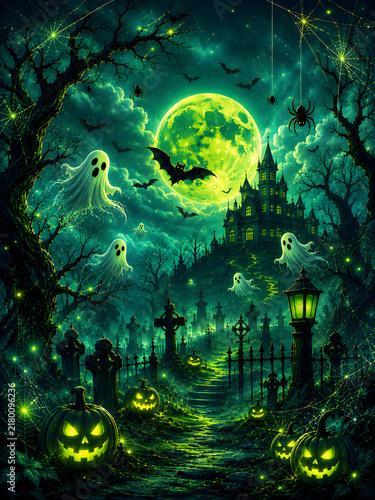 Neon Green Halloween Haunted Castle with Glowing Moon, Ghosts, Bats and Jack O Lanterns