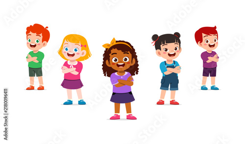 Group of diverse happy children smiling standing with arms crossed in a joyful colorful cartoon illustration