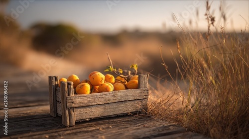 Sun-kissed golden apricots in a rustic wooden crate bathed in warm sunlight