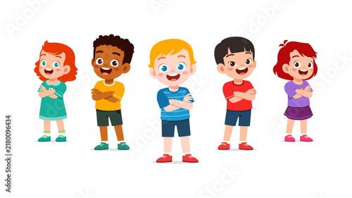 Five diverse happy smiling children standing confidently side by side with arms crossed joyful kids