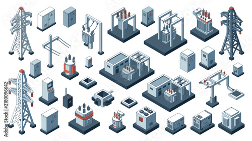 Clean Isometric of Electrical Power Infrastructure and Equipment in Blue Gray and Red Tones with high quality professional line art symbols for modern creative design and digital branding projects