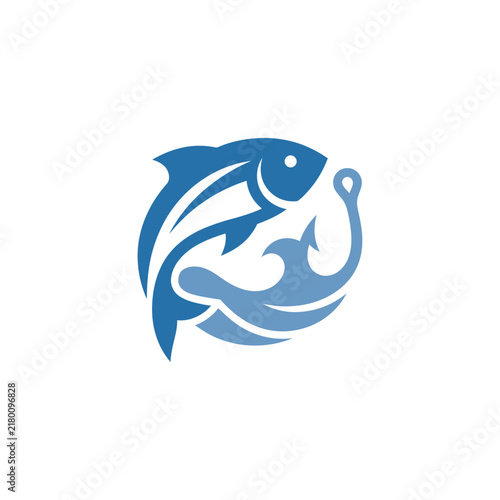 Abstract Blue Fish Jumping Over Wave With Fishing Hook Logo Icon