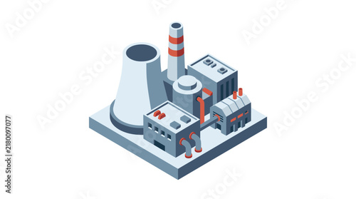 Corporate Isometric of Industrial Power Plant with Cooling Tower Chimneys and Piping System in Blue Gray and Red Tones