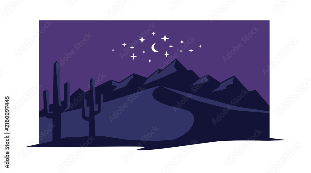 Fototapeta premium Minimalist Desert Landscape Illustration with Moon and Stars