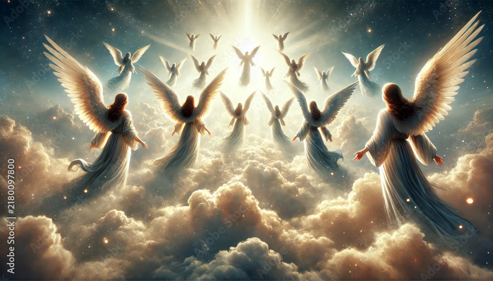 Fototapeta premium Several angelic figures rise above glowing clouds in radiant light, creating a serene celestial scene with realistic wings. Heavenly peace and spiritual transcendence concept