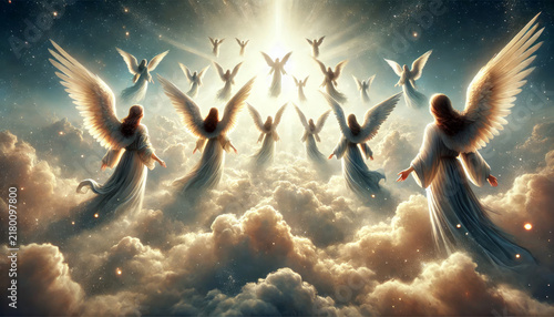 Several angelic figures rise above glowing clouds in radiant light, creating a serene celestial scene with realistic wings. Heavenly peace and spiritual transcendence concept
