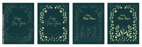 Happy New Year Vector Background Set with Gold Christmas, Gift Boxes, Ornaments & Luxury Line Art Frames on Dark Green Background