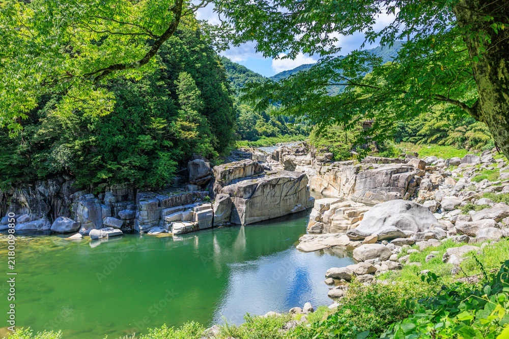 Fototapeta premium 8月の寝覚めの床 木曽川のクリアな水面と新緑の木々が映える夏の渓谷美