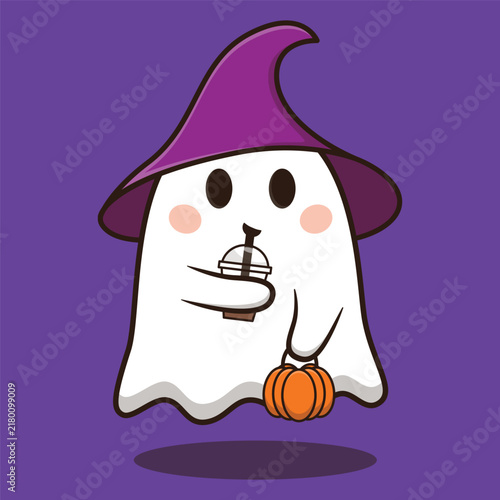 Cute little ghost ghost holding pumpkin for Halloween character cartoon vector illustration